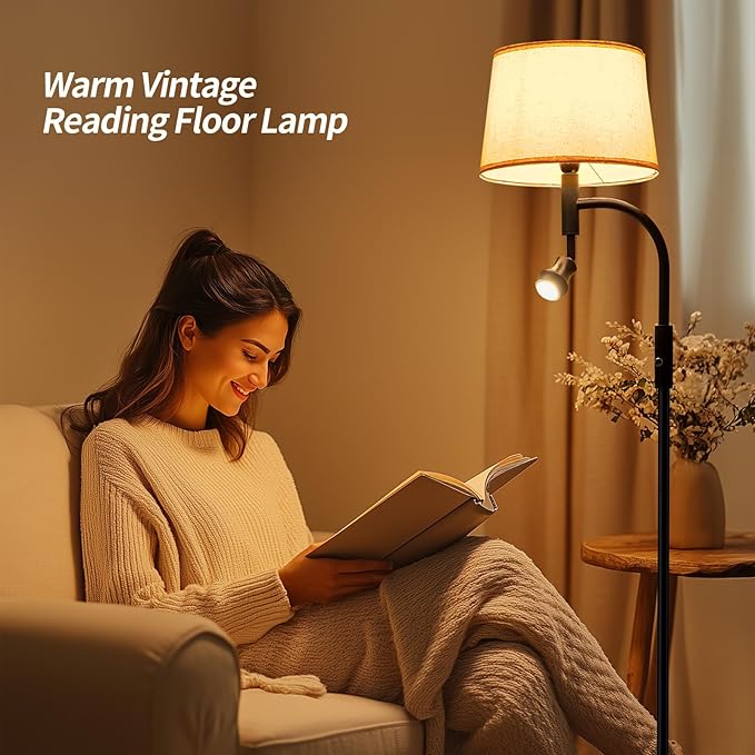 Floor Lamp for Living Room, Vintage Two-Light Tall Floor Lamp with knob, LED Reading Standing Lamp for Bedroom Office - Black