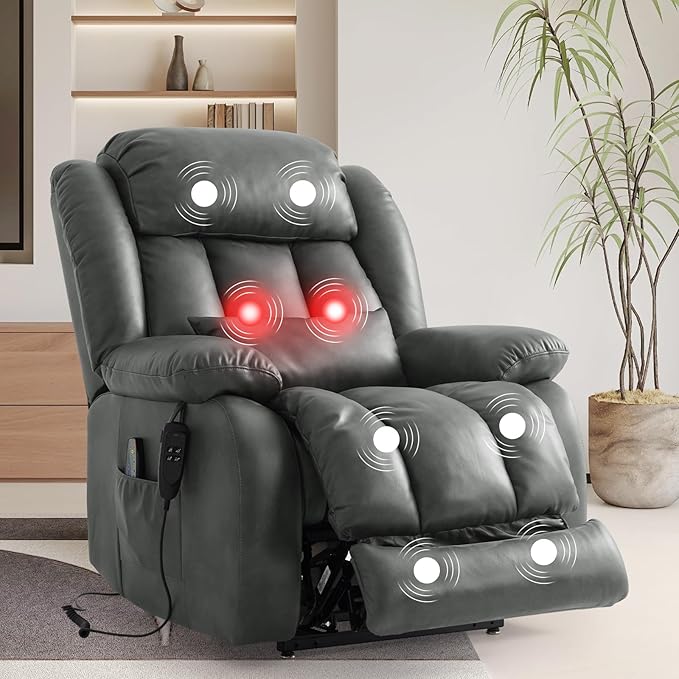 TEKAMON Power Lift Recliner Chair for Elderly with Heat & Massage, Dual Motor Genuine Leather Recliner, Lay Flat Sleeping Chairs with Infinite Position, RemoteControl(Silver Grey, Extended)
