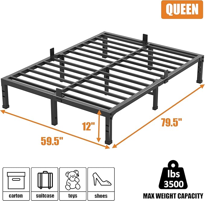 FUIOBYVV Queen Bed Frame,12 Inch Metal Platform with Steel Slats 3500lbs Support,No Box Spring Needed,Non-Slip Mattress Stopper,Underbed Space,Quiet and Sturdy,Easy Assembly