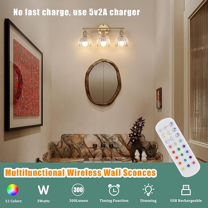 Battery Operated Bathroom Light Fixtures, 3-Light Brass Vanity Wall Light with 5000mAh Rechargeable Bulb Over Mirror with Clear Tulip Glass Shade for Bedroom Living Room