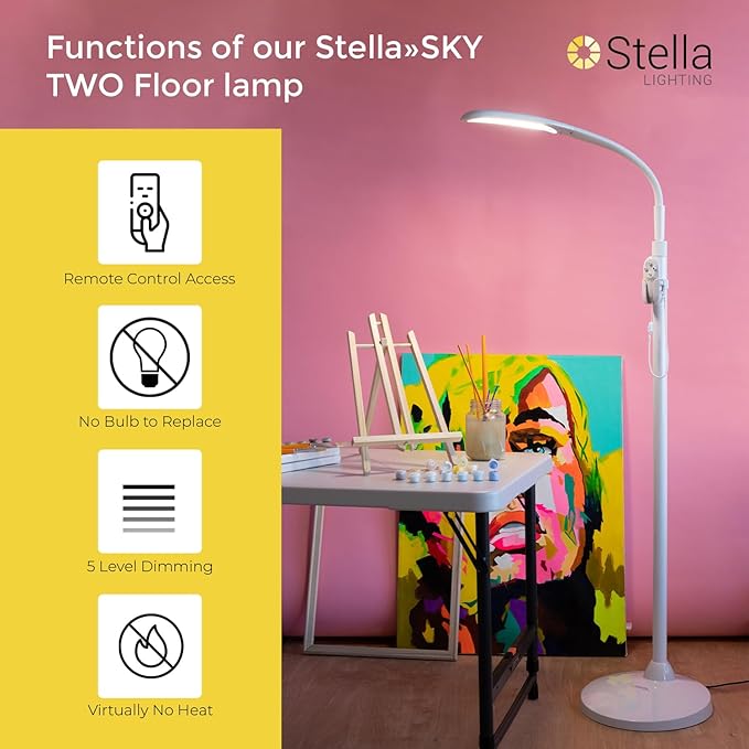 Stella Sky Two Premium 10W LED Floor Task Lamp - White - Adjustable Dimmable Low Vision Natural Sunlight Light - Bright Macular Degeneration Lighting - Hobby, Crafting, Sewing, Artist, Reading, Office