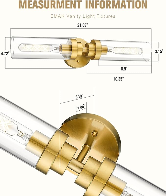 Emak 2-Light Bathroom Vanity Light Fixtures, Modern 22 Inch Brushed Gold Vanity Lights with Clear Glass Shade, Cylinder Wall Sconces for Bathroom, Bedroom, Hallway, VL085-BGD-2