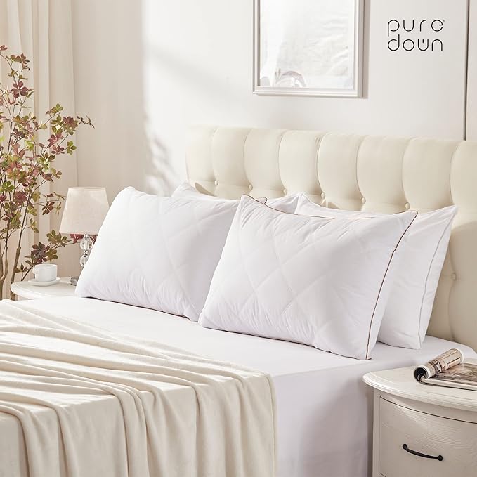 puredown® Goose Feathers and Down Pillow with Diamond Quilting with 100% Cotton Cover, Pack of 2, Queen Size