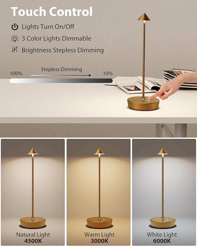 Cordless Table Lamps Rechargeable, 6000mAh Battery Operated LED Desk Lamp Outdoor Waterproof Portable Touch Dimmable Table Night Light for Patio Restaurant Dining Home Set of 2 Bronze
