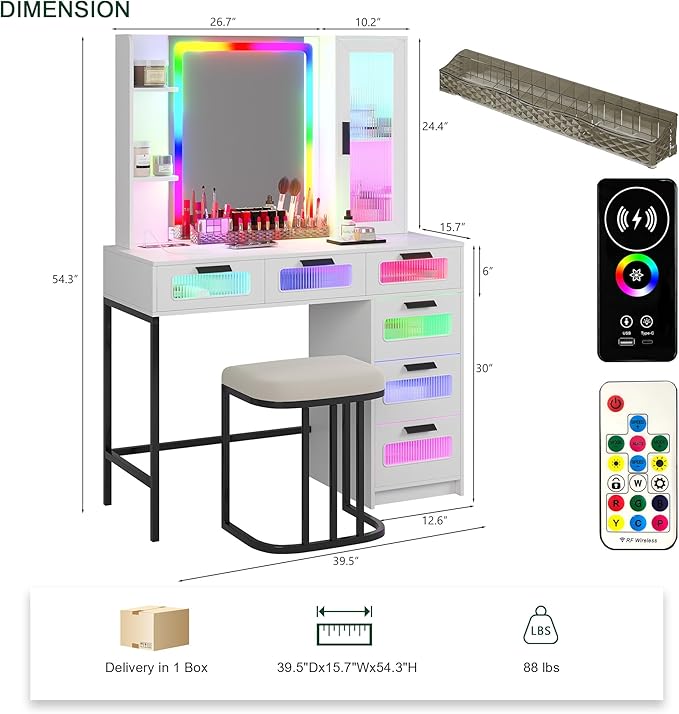 HNEBC White LED Vanity, Makeup Vanity with RGB Lights and 6 Drawers for Bedroom, Makeup Desk with USB/Wireless Charging, Dressing Table with Shelves/Cabins/Stool, Vanity Table Set as Gifts for Girls