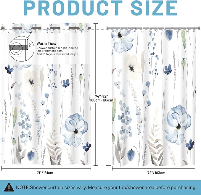 No Hook Shower Curtain with Snap in Liner - Floral Shower Curtain - Fabric Waterproof Inner Liner, Plants Watercolor Navy Blue Modern Cloth Shower Curtains - Machine Washable, 71 x 74