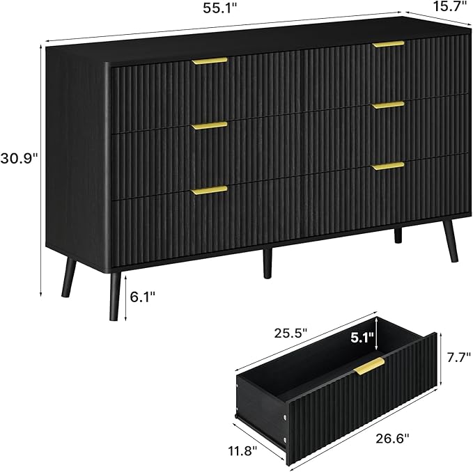 LYNSOM Fluted Dresser and Nightstand Set, 3 Pieces Bedroom Set, 55 Inch Wide 6-Drawer Dresser & 1-Drawer Nightstands Set of 2, Modern Dressers Set for Bedroom, Living Room, Black