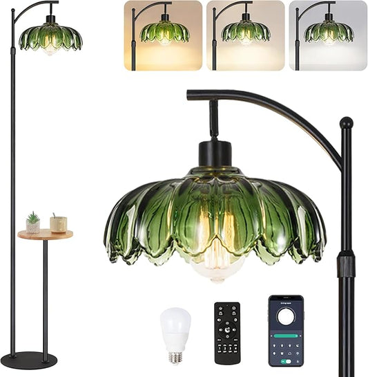 Arc Floor Lamp with Table and Shelves,Black Floor Lamp for Bedroom Glass Floor Lamps with Remote Control & 3 Color Temperature,Modern Standing Lamp Tall Flower Floor Lamps for Living Room Corner