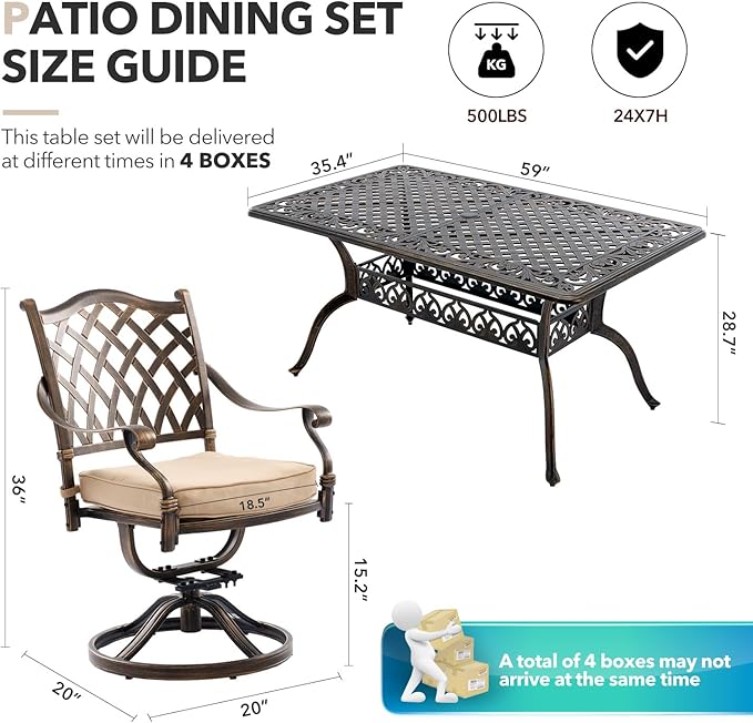 7 Piece Outdoor Dining Set Cast Aluminum Retro Patio Dining Set for 6 Includes 59” Rectangular Table 6 Swivel Chairs with Thicker Cushions and Umbrella Hole for Patio Deck Garden
