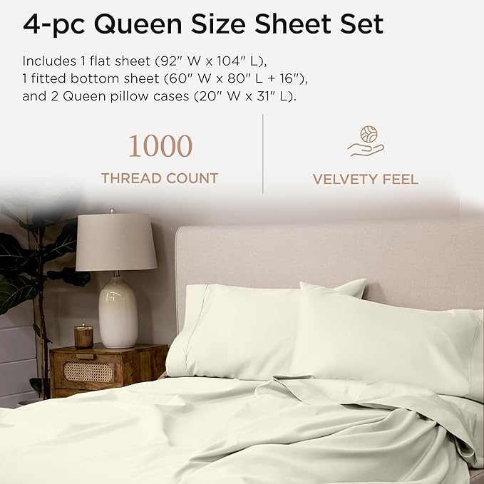 Threadmill Supima Cotton Sheets - Queen, 1000 Thread Count, 4 Piece Luxury Bedding Set, Hotel Quality Sateen Weave, Ivory with Elasticized Deep Pocket