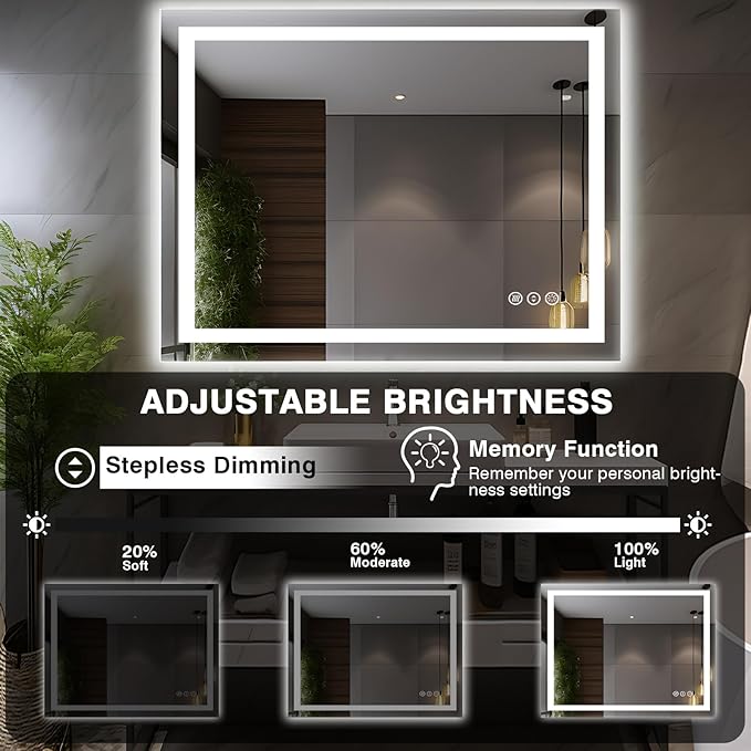 44"x36" LED Light Mirror for Bathroom (Front and Backlit), Anti-Fog Bathroom Vanity Mirror, Stepless Dimmable Lighted Mirror, Tempered Glass, Memory (Horizontal/Vertical)