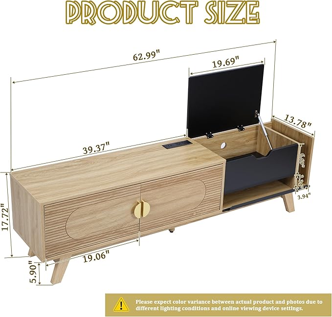 Modern TV Stand for TVs up to 70 Inch, Wood Entertainment Center with CD Storage Cabinet, TV Console Table with 2 Doors and Power Outlets, for Living Room (Natural & Black, 63inch)
