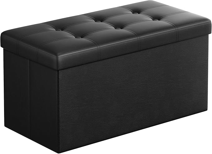 SONGMICS MAZIE Collection-30 Inches Folding Bench Ottoman with Storage, Foot Rest Stool, Load 660 lb, for Living Room, Synthetic Leather, Black ULSF105, 15" D x 30" W x 15" H