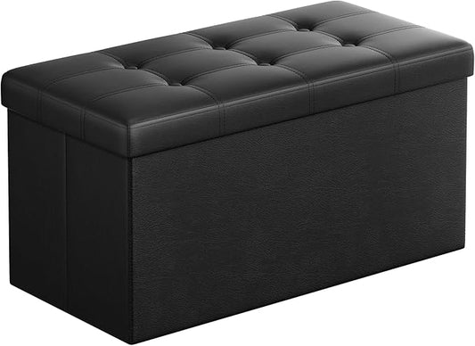 SONGMICS MAZIE Collection-30 Inches Folding Bench Ottoman with Storage, Foot Rest Stool, Load 660 lb, for Living Room, Synthetic Leather, Black ULSF105, 15" D x 30" W x 15" H