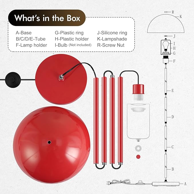 Floor Lamp, Industrial Red Floor Lamps for Living Room, 65.6in Standing Lamp, Retro Mushroom Dome Shade, Whole Metal, E26 Socket, Mid Century Modern Floor Lamp for Bedroom/Office,No Bulb
