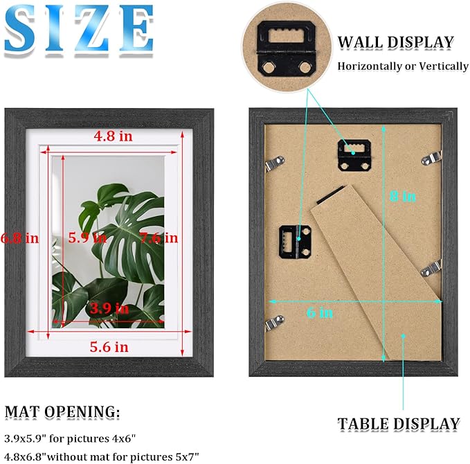 Egofine 6x8 Picture Frame Made of Solid Wood with Plexiglass, Display Pictures 4x6/5x7 with Mat or 6x8 Without Mat for Tabletop and Wall Mounting, Rustic Black