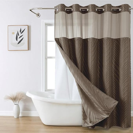 no Hook Shower Curtain and Liner Set，Boho Style with See Through Top Window, Brown Fabric Tufted Striped Textured Outer Curtain & Waterproof Inner Liner, Brown, 71Wx98H