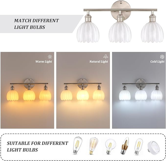 Bathroom Light Fixtures, 3-Light Vanity Wall Light Over Mirror with White Tulip Glass Shade for Bedroom Living Room, Satin Nickel