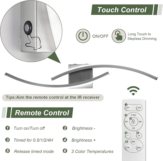 Battery Operated Wall Sconce Set of 2,Brushed Nickel Wall Sconces with Remote Control,3000K-6000K Modern LED Wireless Wall Light for Living Room, Hallway, Bedroom, 39.3 Inch (2 Pack)