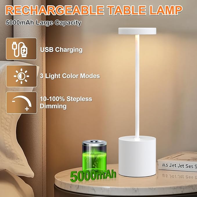Rechargeable Table Lamp – 2 Pack Touch Lamps, Cordless Desk Lamp, 5000mAh Battery Operated Lamp with 3-Color Dimmable Light, Portable LED Lamp for Bedroom, Dining Room, Patio, Outdoor (White)