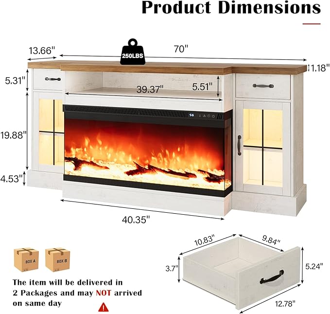 4 EVER WINNER Fireplace TV Stand with 40" Electric Fireplace for 80" TV, 70" Entertainment Center with Adjustable Storage Cabinets, 2 Drawers, TV Consoles for Living Room, White