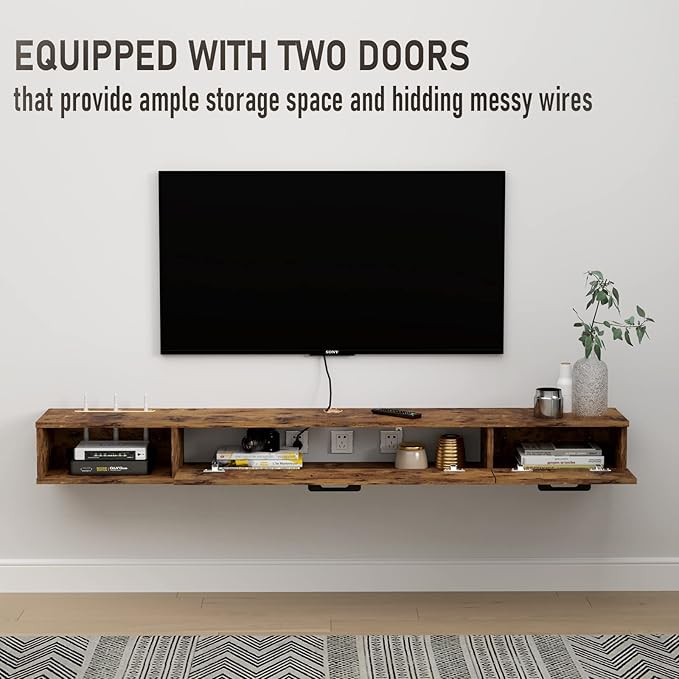 Pmnianhua Farmhouse Floating TV Stand with 2 Doors,55'' Under TV Shelf Floating,Wall Mounted TV Shelf,Rustic Floating TV Console for Under TV(Rustic Brown)