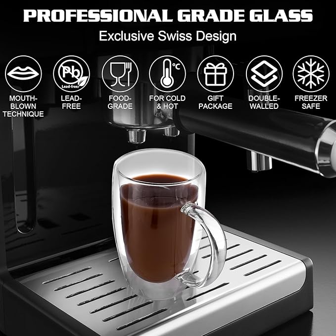 Clear Glass Double Wall Insulated Round Coffee Mugs Set of 4 Pieces - Large Size 16oz Best Reusable Coffee Mug for Home Cafe Restaurant Perfect for Espresso Capucinno Lungo Latte Coffee