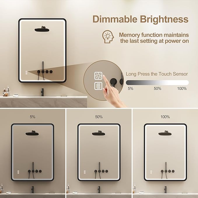 LED-Bathroom-Mirror-with-Lights, 24"x32" Wall-Mounted with Anti-Fog, 3 Colors Dimmable Light, Waterproof, Tempered Glass, Black Framed