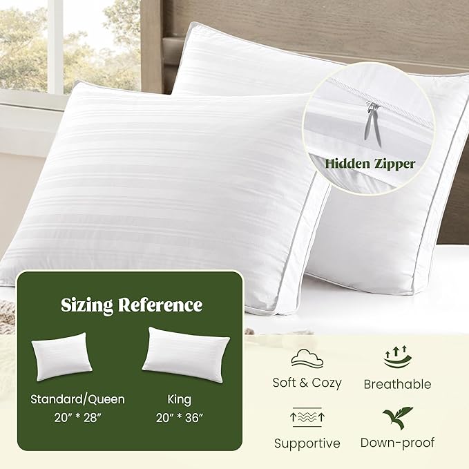 puredown® Goose Feathers and Down Pillow, Bed Pillow for Sleeping, Hotel Collection Gusseted 2 Outer Protectors, Cotton Fabric, White, King Size, Set of 2