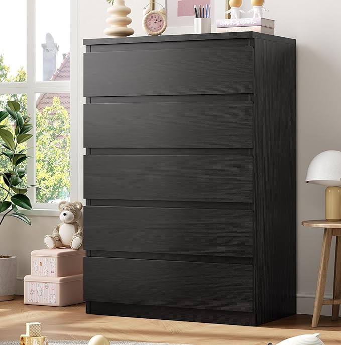 Black 5 Drawer Dresser for Bedroom, 15" D x 23.7" W x 40.4" H in Simply Chest of Drawers, Wood Storage Dresser with Drawers for Living Room Hallway Entryway, Black