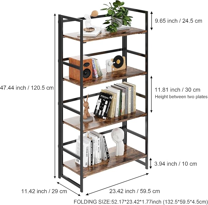 BHG Vintage Multifunctional Folding Bookshelf, No-Assembly Plant Stand Storage Rack Shelves for Home Office (Fire, 4-Tier)