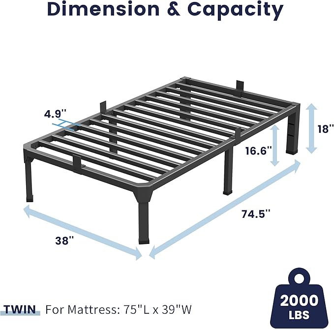Twin Bed Frame with Mattress Slide Stopper, 18 Inch Metal Platform Bed Frame, Heavy Duty Tall Bed Frame No Box Spring Needed with Large Storage Space, Easy Assembly, Noise Free