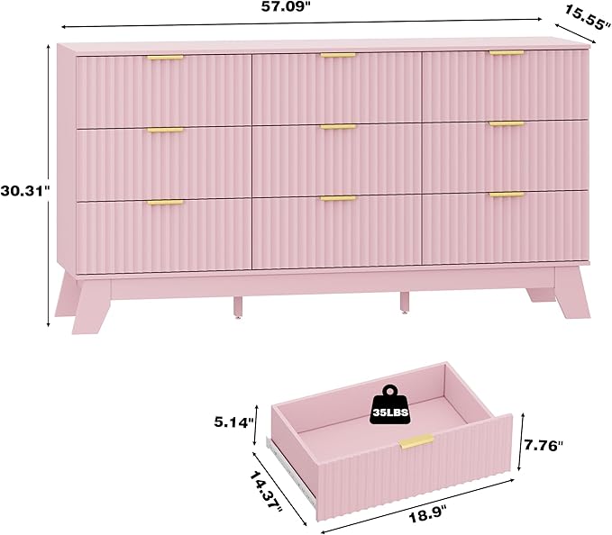 Fluted Dresser for Bedroom with 9 Drawers, 57" Mid Century Modern Dresser of Closet TV Stand, Nature Wood Dressers with Gold Handle, Boho Closet Wide Modern Chest of Drawers, Pink