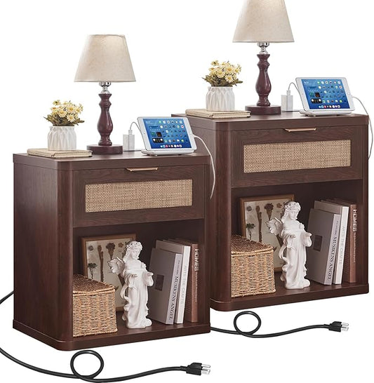 LEYAOYAO Rattan Nightstands Set of 2 with Charging Station, 23" Wide Boho Night Stand with Drawer, Walnut Bedside Table Open Cabinet, Bed Side End Table Dresser for Bedroom, Living Room, Hallway