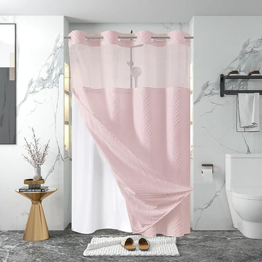 stall no Hook Tufted Shower Curtain with snap in Liner Set, White Waterproof Fabric Inner Liner,Boho Style Shower Curtain with See Through top Window, Pink, 54Wx80H