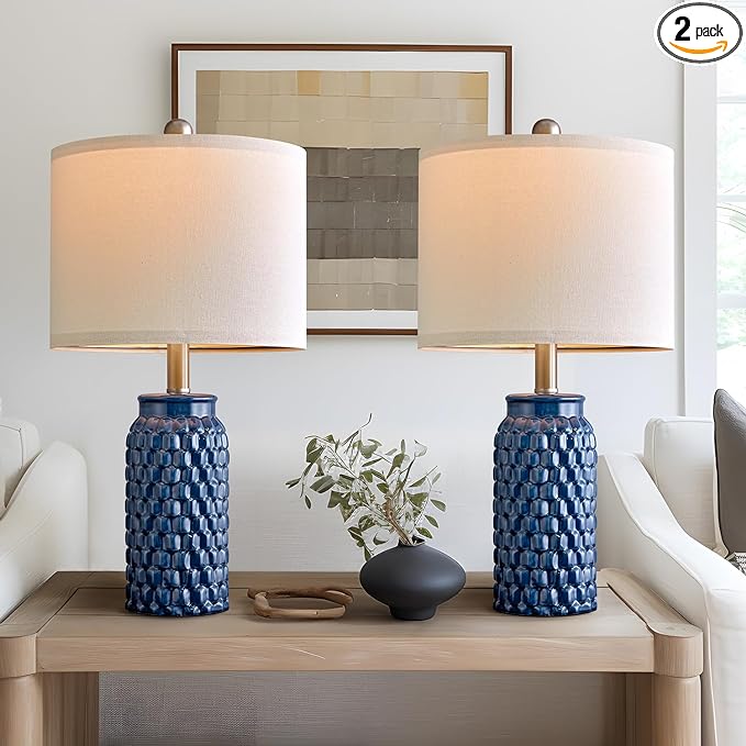 20.5 inches Modern Ceramic Dark Blue Bedside Lamp Set of 2 for Bedroom Decor Farmhouse Table Lamp for Living Room Office Dorm