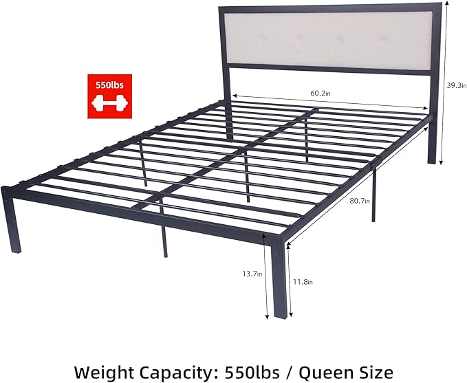 Metal Bed Frame Queen Size Platform with Head Board Mattress Foundation Heavy Duty Metal Slats for Bedroom Students Kids for Hotel Motel Storage Under Bed 500lbs (Black Metal, Queen)