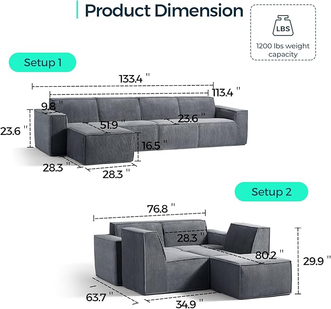LINSY HOME Modular Sectional Sofa, 134" Boneless Couch L Shaped 4-Seat Sofa with Movable Ottoman, Corduroy Sectional Cloud Couches for Living Room, No Assembly Required, Bluish Grey