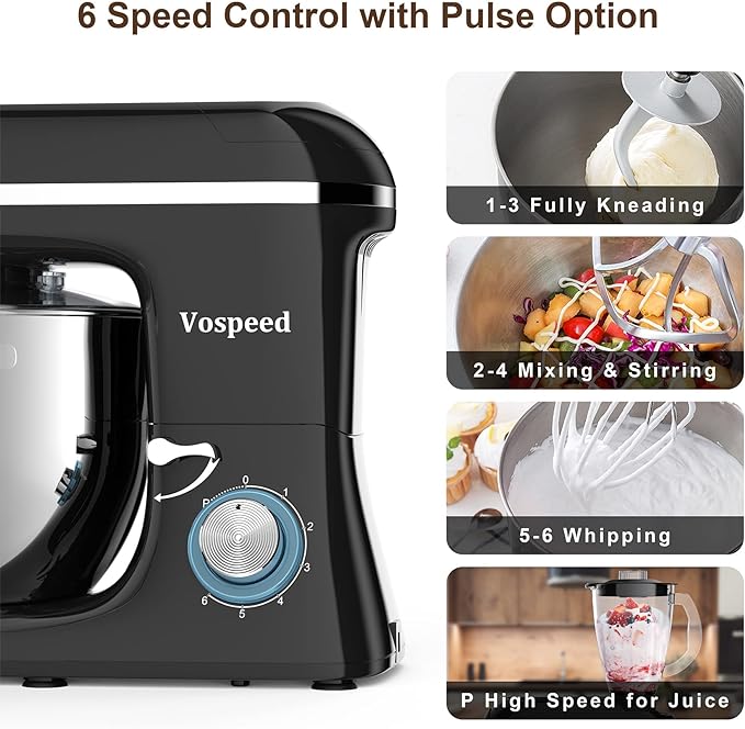 Vospeed 9 IN 1 Stand Mixer, 850W Tilt-Head Multifunctional Electric Mixer with 8 QT Stainless Steel Bowl, 1.5L Glass Jar, Meat Grinder, Hook, Whisk, Beater Dishwasher Safe (Black)