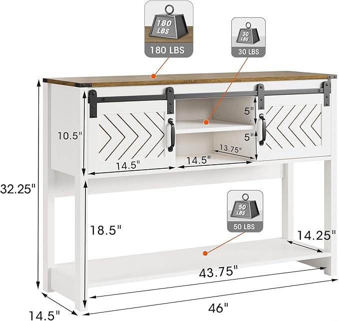 Console Table with Storage Shelf & Sliding Barn Door, Farmhouse Entryway Table with Storage, 46" Narrow Long Sofa, Behind Couch, Console Tables for Living Room, White and Rustic Oak