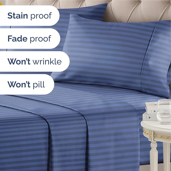 Striped Sheets - Blue Striped Sheets - 1 Flat & 1 Fitted & 2 Pillowcases w/ Deep Pockets – Comfy, Wrinkle & Fade Free - Ultra-Soft, Breathable & Cooling – Luxury Pinstripe Bedding - King Size Bed Set