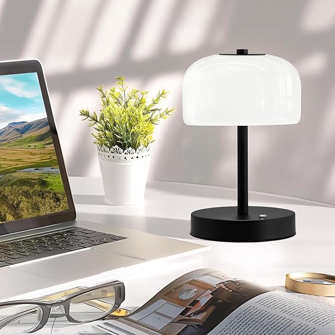 Oneach 9" Small Portable Cordless Table Lamp, 3-Way Dimmable Touch Rechargeable Battery Powered Mushroom Lamp Bedroom Dining Table Living Room Shelf Decor, Black