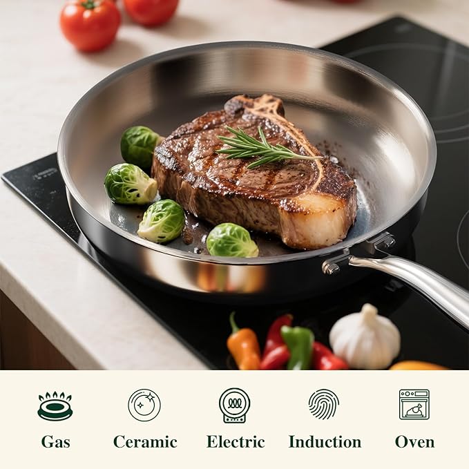12 Inch Tri-Ply Stainless Steel Frying Pan, Frying Pan with Lid, PFOA/PTFE Free Skillet, Induction Cooking Pans, Dishwasher & Oven Broiler Safe 600F, Professional Cookware, Heavy Duty & Even Heat