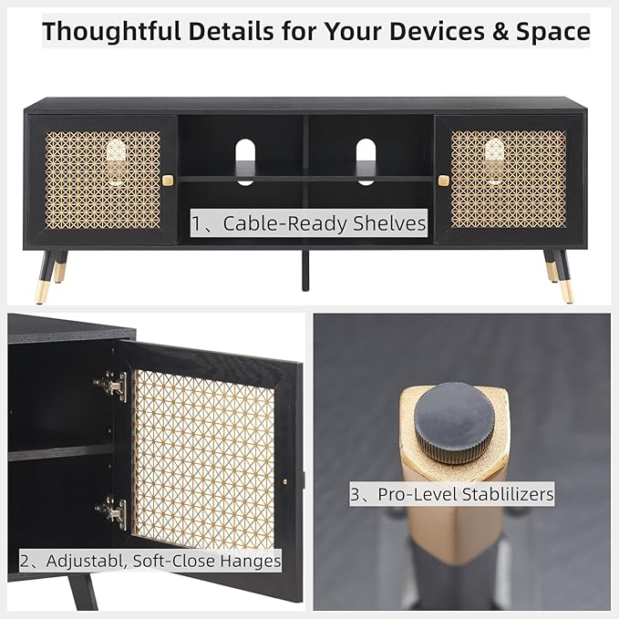 Mid Century Modern TV Consoles for Living Room, TV Stand for TVs Up to 75" - Black Entertainment Center with 2 Gold Metal Mesh Doors & MDF Wood Grain, 15.8" D x 66" W x 23.5" H