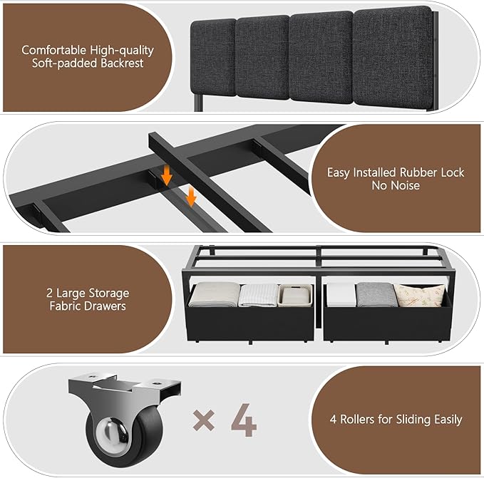 Furnulem Full Size Bed Frame with Headboard,Upholstered Bed Full with LED Light,USB Charging Station,Platform Bedframe with 2 Fabric Underbed Storage Drawers,No Spring Box Needed
