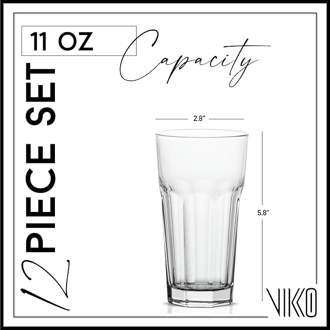 Vikko Drinking Glasses, 11 Ounce Large Glass Cups, Durable Glasses Set of 12, Stackable Water Glass, Highball Heavy Base Tumblers, Dishwasher Safe