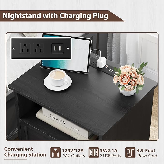 19.7" Night Stand with Charging Station, Farmhouse End Table with 2 Drawers Storage, Black Wooden Nightstand, Bed Side Table with Open Shelf, Bedside Cabinet for Bedroom, Living Room