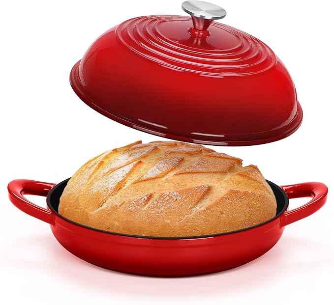 TeamFar Cast Iron Bread Dutch Oven, 6 Qt Enameled Dutch Oven Pot for Sourdough Bread Baking, with Tall Dome Lid & Round Base Pan, Self-Basting & Even-Heating, Heavy-Duty & Non-stick, Red
