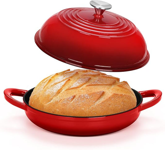 TeamFar Cast Iron Bread Dutch Oven, 6 Qt Enameled Dutch Oven Pot for Sourdough Bread Baking, with Tall Dome Lid & Round Base Pan, Self-Basting & Even-Heating, Heavy-Duty & Non-stick, Red