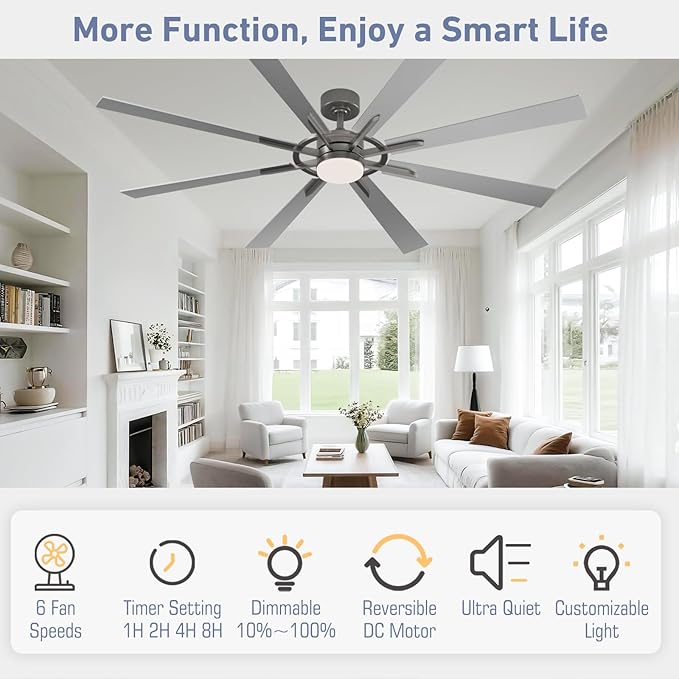 72 Inch Smart Ceiling Fan with Light and Remote, Silver Ceiling Fan with Quiet Reversible DC Motor, Control Via WiFi Alexa App, 3CCT Dimmable Large Indoor/Outdoor Ceiling Fans for Patio Garage